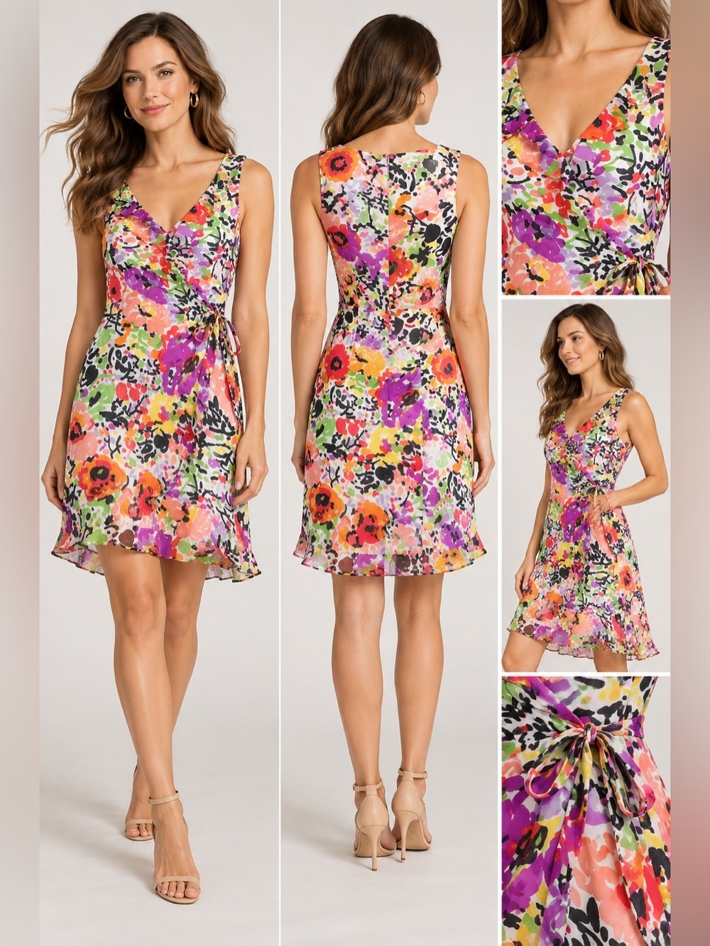 David Meister 100% Silk Floral Watercolor Dress Sz 8 Side Tie Ruffle V-Neck